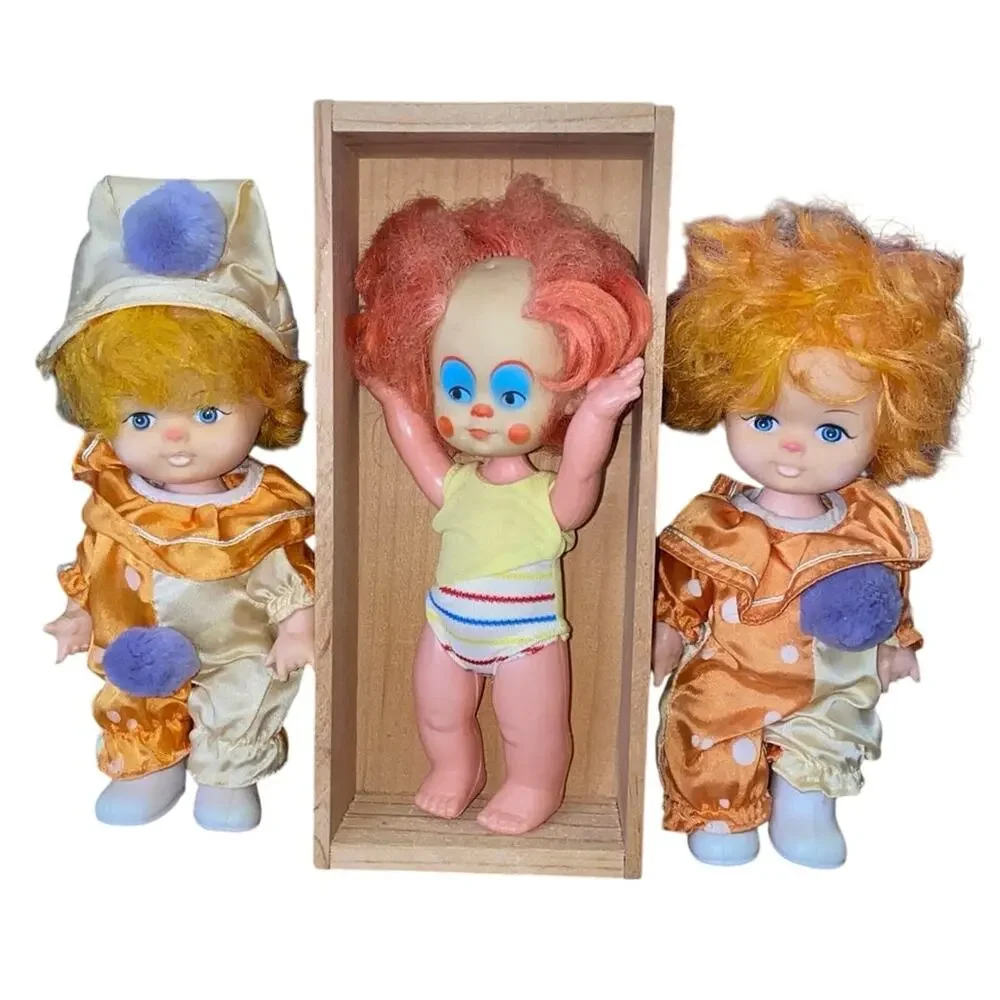 Vintage Clown Doll Lot BoBo 1970s Rubber Dollies Red Orange Hair Pom poms
